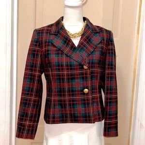 RARE PENDLETON Sz 6P red plaid crop blazer w/2 gold decorative buttons 100% wool